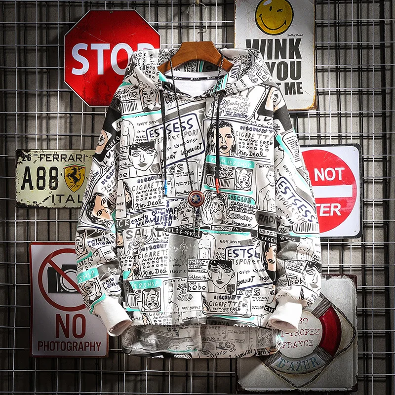 

Comic Print Sweater Men Tide Korean Version of Hip Hop Loose Tide Street Hooded Plus Size Graffiti Shirt 2020 Spring Autumn Coat