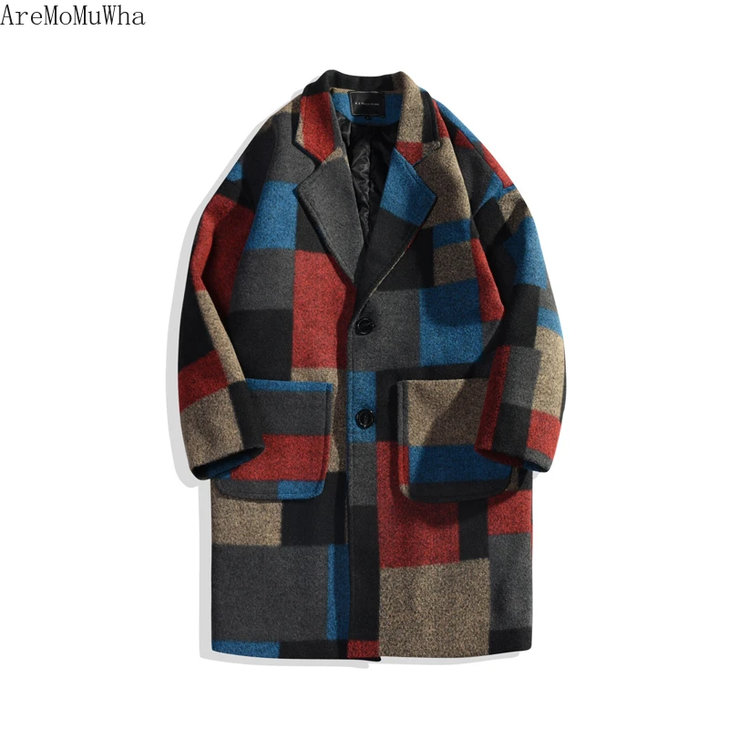 AreMoMuWha New British Wind Woolen Coat Men's Long Section Plus Cotton Woolen Coat Winter Retro Trend Lattice Windbreaker QX1385