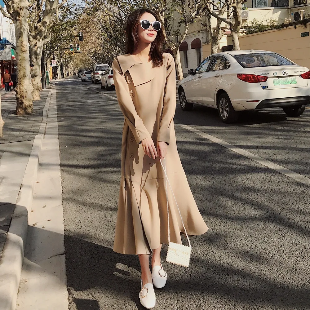 

Photo Shoot Korean-style Fashionable Single Breasted Fishtail Skirt 2020 Spring New Style WOMEN'S Dress Retro Laziness-Style Lon