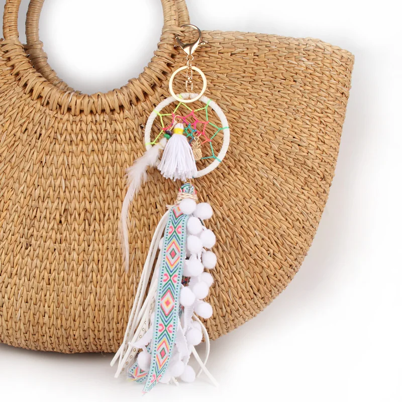 Boho Leather Fringed Dreamcatcher Pompons Keychain Handbag Accessorise