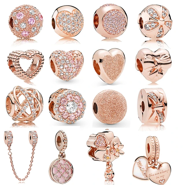 925 Sterling Silver Rose Gold Charms Open Heart Sparkling Polish Charm  Pendant Clip Stopper Charms Fit