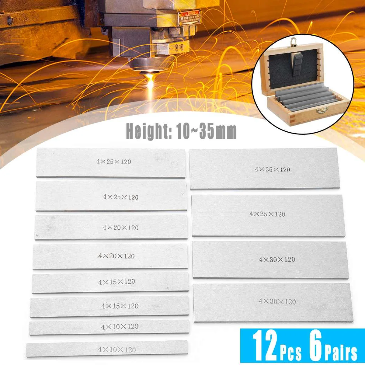 

6 Pairs 12Pcs Parallel Pad Gauge Block Alloy steel CNC Milling Pads Set 120mm x (10-35mm) for Vice Milling Machine Lathe