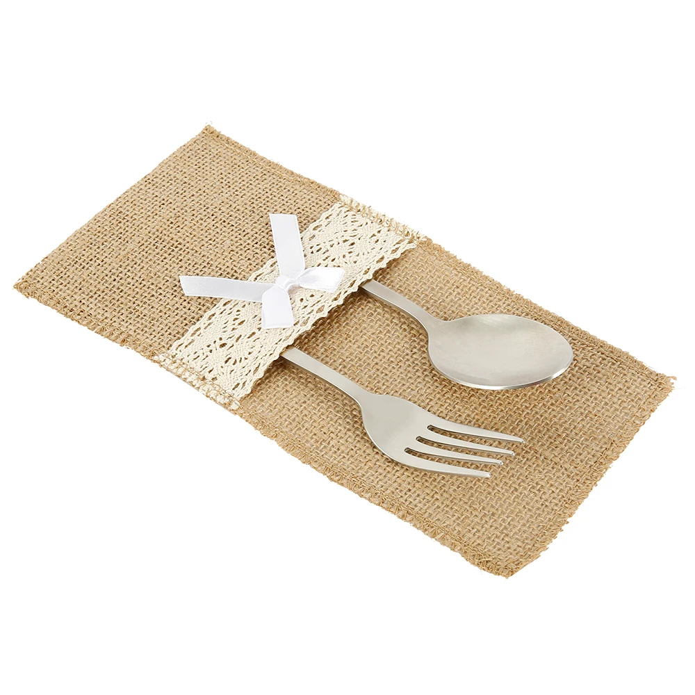 20Pcs Burlap Lace Cutlery Pouch Rustic Wedding Tableware Knife Fork Holder Bag Hessian Jute Table Decoration Accessories