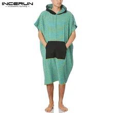 Men Sleep Robes Striped Patchwork Hooded Short Sleeve Homewear Nightgown Comfortable Loose Pockets Mens Bathrobes INCERUN S-5XL