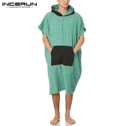 Men Sleep Robes Striped Patchwork Hooded Short Sleeve Homewear Nightgown Comfortable Loose Pockets Mens Bathrobes INCERUN S-5XL