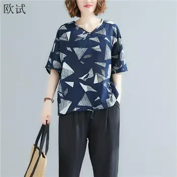 

2020 Summer Plus Size Tshirt Women Tee Geometric Print Cotton Linen T Shirt Ladies Loose Casual T-shirt Tops Femme Thin New