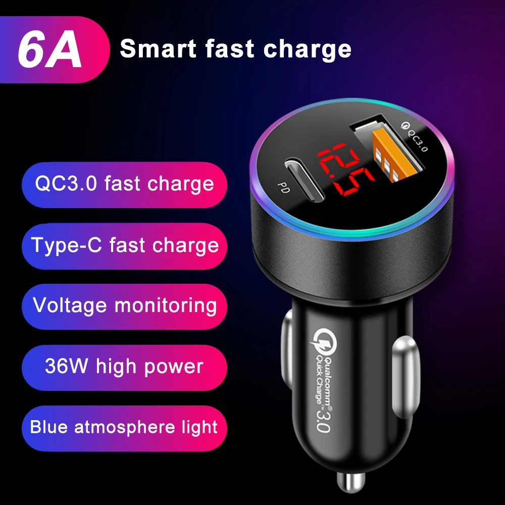 차량용 PD USB 충전기, USB LCD 디스플레이, 미니 고속 충전 3.0, 6A, 36W, QC3.0 고속 충전기, 아이폰 12, 화웨이, 샤오미, C 타입 휴대폰용