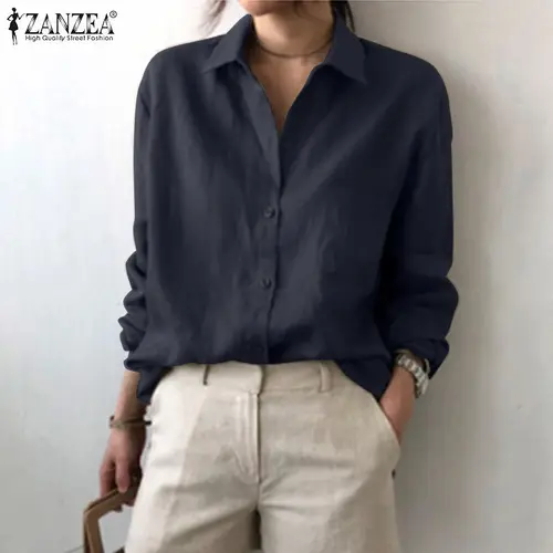 ZANZEA 여성용 캐주얼 루즈 OL 셔츠, 긴팔 비즈니스 블라우스, 칼라 버튼 튜닉 블라우스, 봄 가을 4