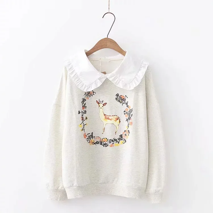 Harajuku Japanese Sweatshirt Women Cartoon Printed Long Sleeve Loose Pullover Peter Pan Collar Sweet Cute Sweatshirt Female - Цвет: Grey  Sweatshirt
