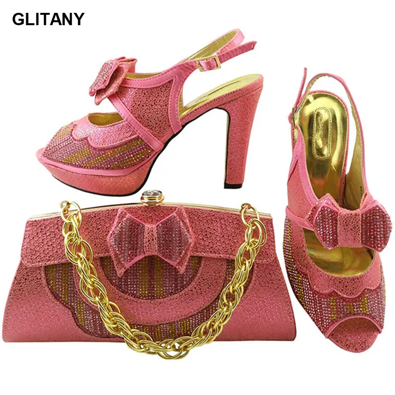 

New Arrival Peach Color Italian Shoes with Matching Bag Set Decorated with Appliques African Women Shoes and Bag Set for Wedding