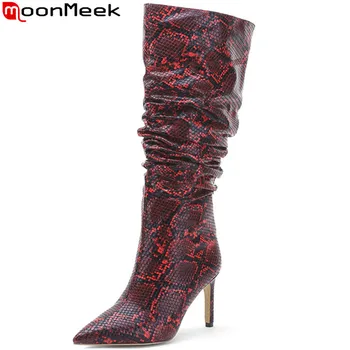 

MoonMeek large size 34-45 fashion mid calf boots pointed toe slip on ladies boots wrinkle high heels prom autumn winter boots