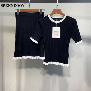 

SPENNEOOY Designer Custom Runway Summer Female Casual Knitting Suits Stretchy Short Sleeve Tops And Black Skirt 2 Two Pieces Set