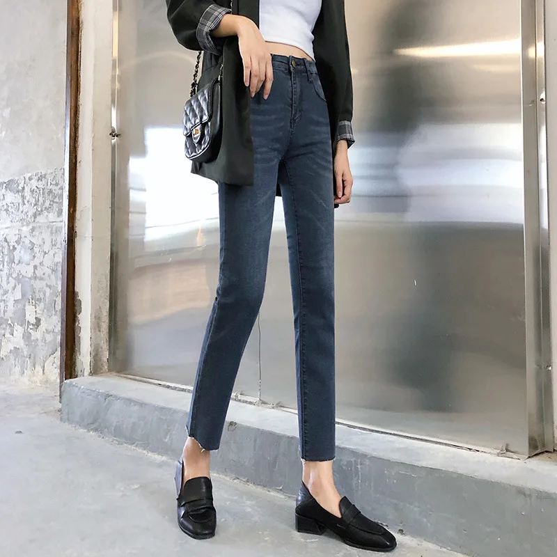 Womens High Waist Denim Pants Ninth Straight Trims Leg Opening Vintage Washed Regular Trousers Jeans Blue Gray Black