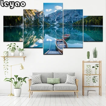 

Full Drill Diamond Painting 5D DIY "5 Pieces Mountain Lake Ship And Blue Sky White Cloud Scenery Diamond Embroidery Decoration