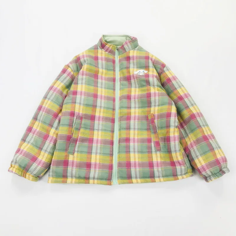 Winter New Preppy Style Rabbit Embroidery Powder Plaid Jacket On Both Sides Wearing Thick Warm Jacket Autumn Women's Cotton Coat