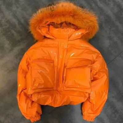 Orange Женская зимняя парка с воротником из натурального Лисьего меха, с капюшоном, с длинным рукавом, хлопковое пальто, женская теплая зимняя Глянцевая Водонепроницаемая короткая пуховая стеганая куртка - Цвет: Orange