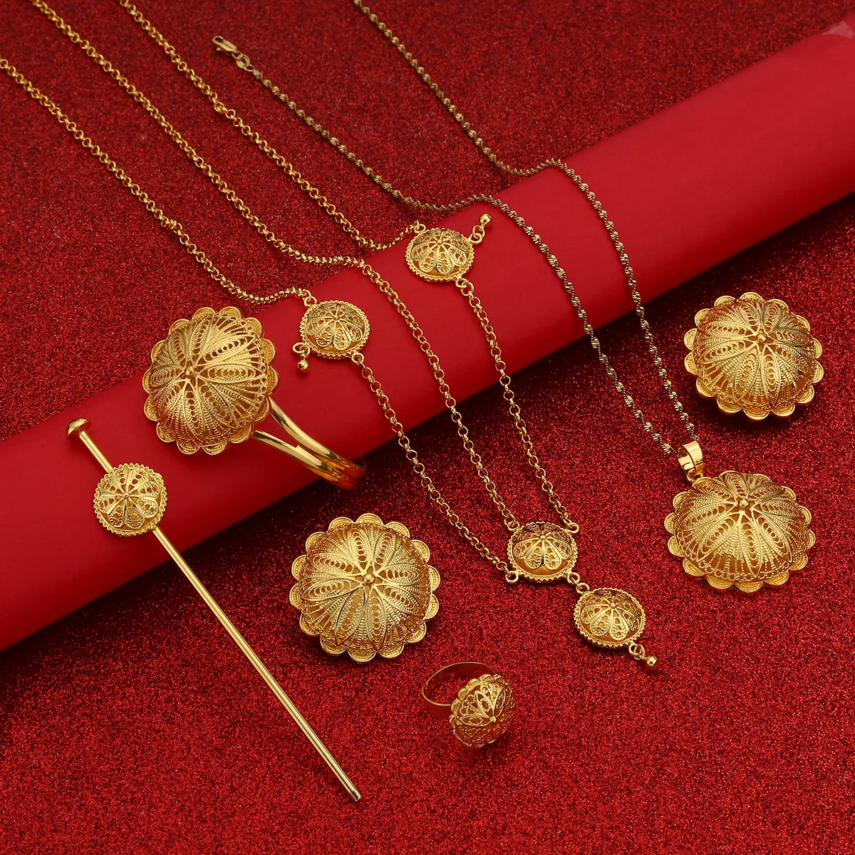 

Ethiopian Jewelry Sets Pendant Necklaces Earrings Ring Bangles for Womens Gold Color Eritrean African Bride Gift