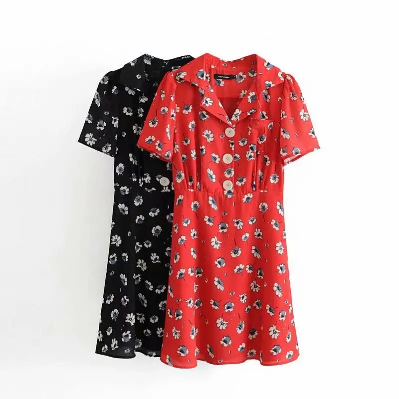 

Summer WOMEN'S Dress New Products French Fastener Decoration Printed Suit Collar Wrap-Dress Elegant Slimming Short Skirt