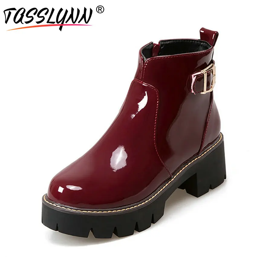 TASSLYNN/2018 г. Женские ботильоны сапоги для верховой езды из лакированной кожи с