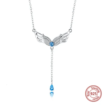 

Hot sale 925 Sterling Silver Angel Wings Necklace Crystals Blue and White CZ Fashion Jewelry For Women Mother's Day Gifts