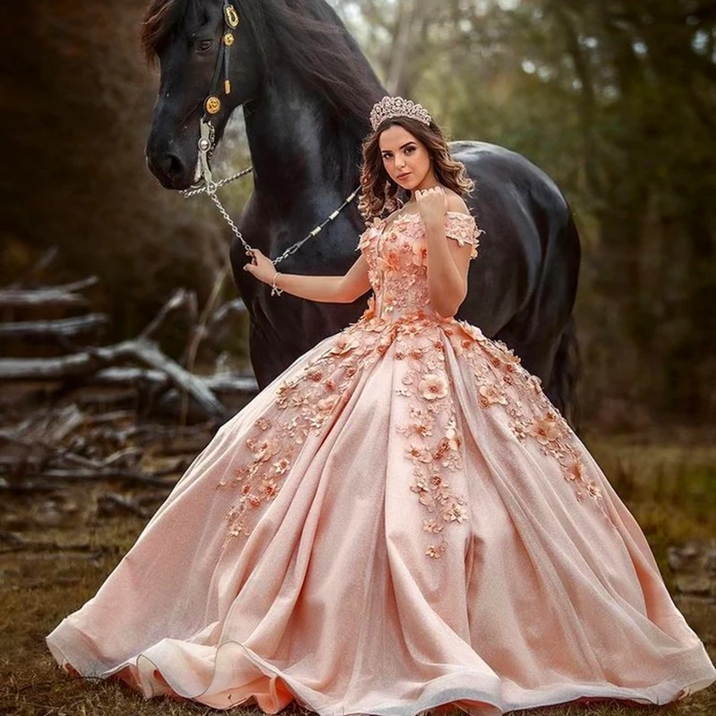 

Off The Shoulder Quinceanera Dresses 2022 Appliques 3D Flowers Beads Sweet 16 Party Ball Gowns Pageant Princess Lace-Up Back