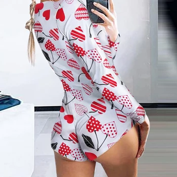 

Sexy Pajama For Adults 2020 Newest Autumn Winter Long Sleeve V-neck Funny Pattern Print Pajama Romper Women Nightwear