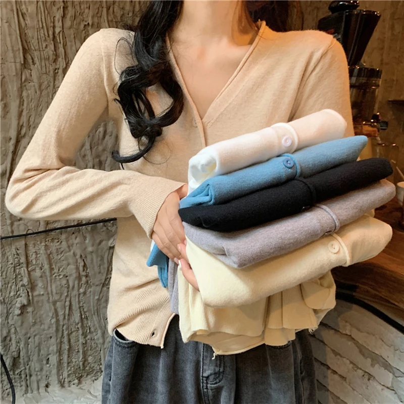 

AOSSVIAO Knitting Cardigan Women Coat Solid Spring and Autumn Fashion V-Neck Long Sleeve Croche Knit Sweater Coat Tops 2020
