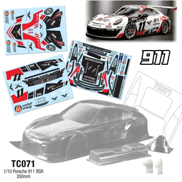 1set 911 GT3 RSR 1/10 drift RC PC body shell 200mm width Transparent clean no painted on-road drift body RC hsp hpi trax Tamiya