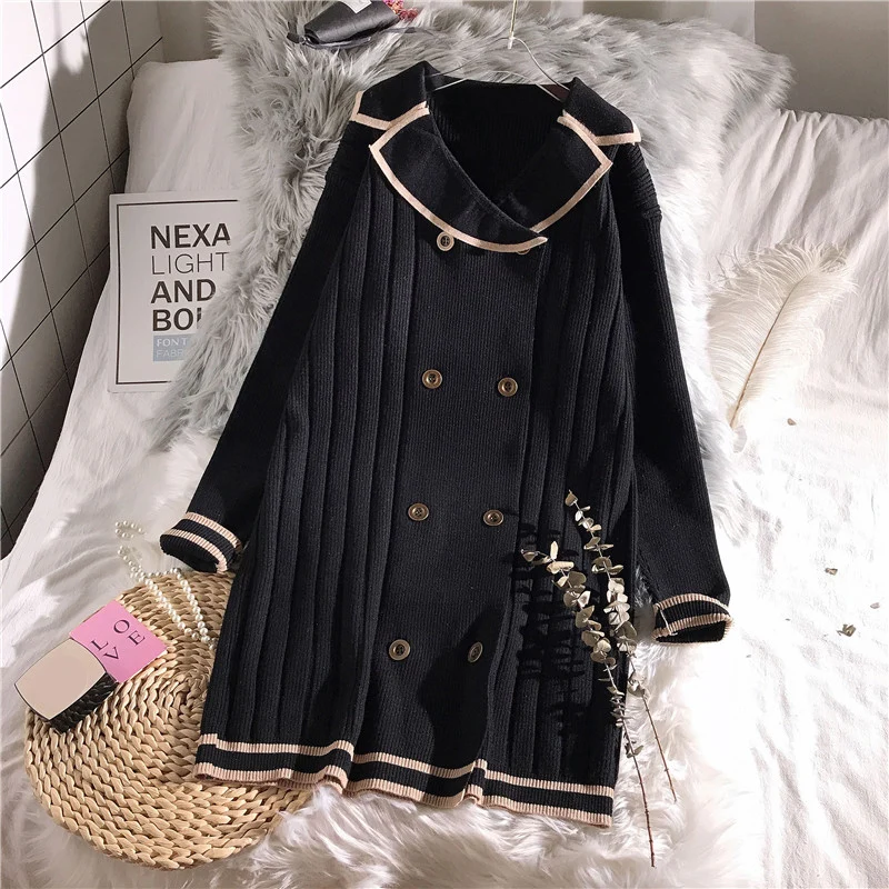 ^*Best Offers 2019 winter new knitted women sweater and cardigan turn-down collar solid double breast solid lady female outwear coat tops