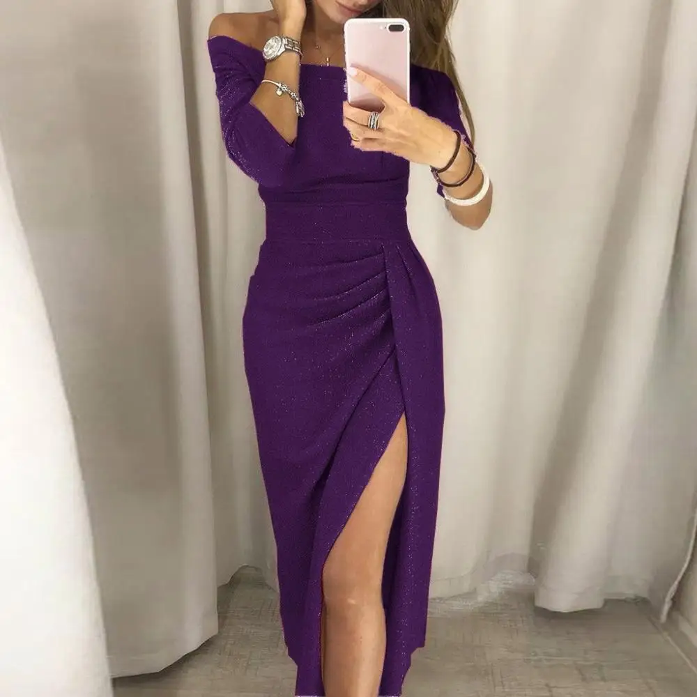 Dress Women Christmas Party Ladies Bag Hip Split Off Shoulder Sexy Long Bodycon Bright Crystal Dinner Vestidos | Женская одежда