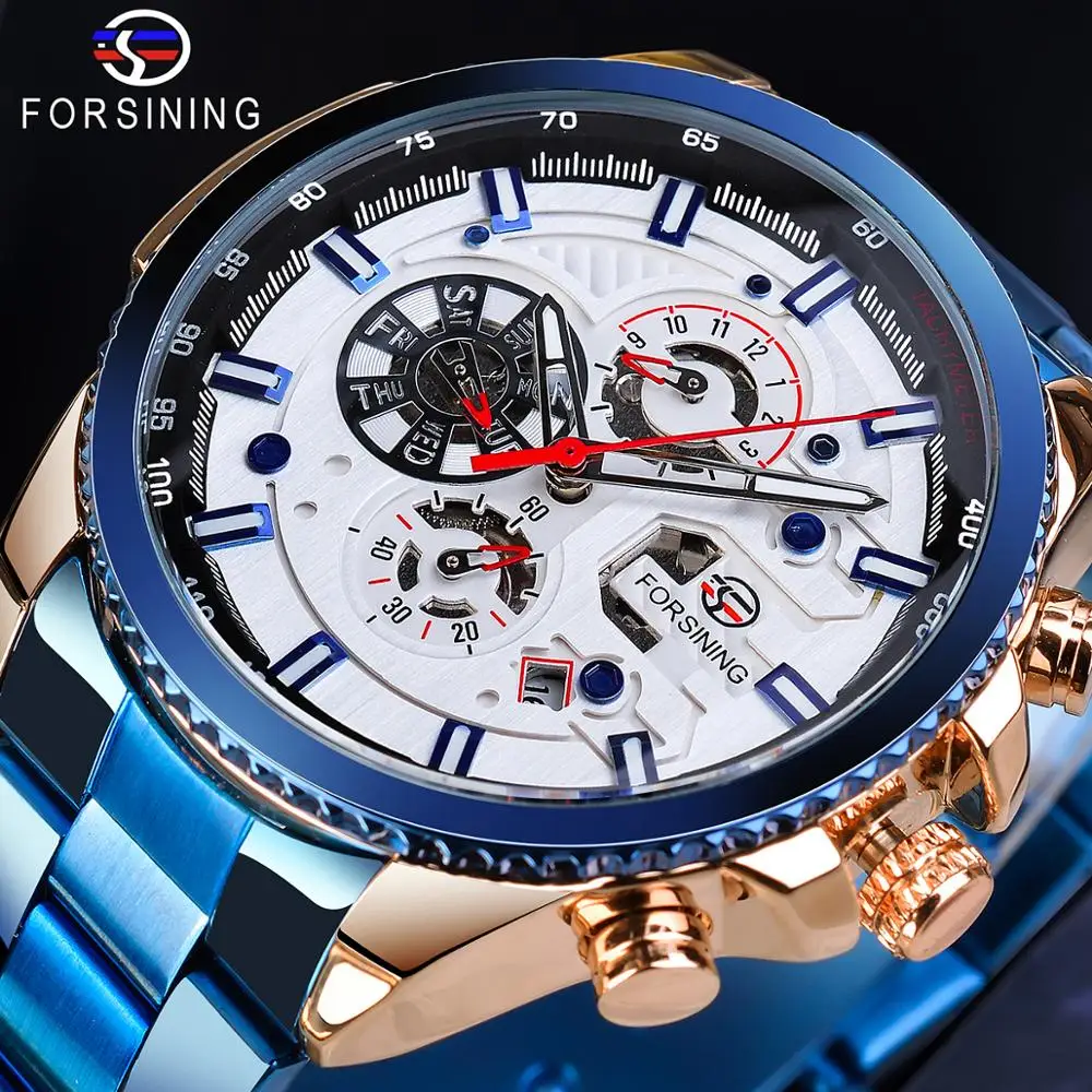 Forsining Business Mens Watches Top Brand Multicolor Man Clock Blue Stainless Steel Mechanical Automatic Stylish Male Wristwatch