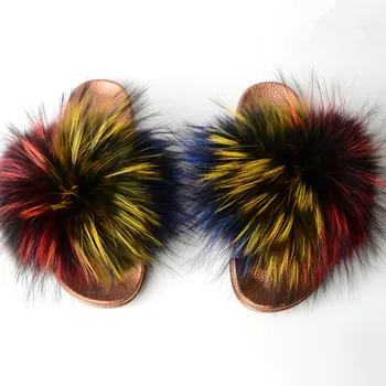 

Modern women Real Fox sandals, Fox fur flat-soled slippers interior polyvinyl chloride suede shoes women's slideshow Fur fl