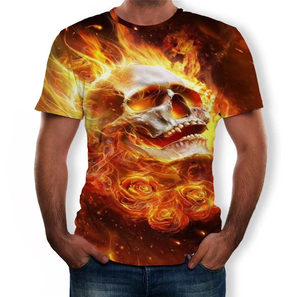 

2019 summer new men's T-shirt 3D skull flame fashion short-sleeved shirt street round neck unisex T-shirt casual T-shirt top