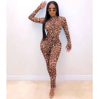 

Womens long sleeve Sexy Leopard Mesh Clubwear Playsuit Casual Jumpsuit Romper