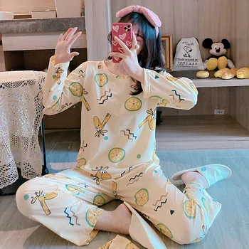 

Women's Pajamas Sets Cotton Sleepwear Femme Nighty Casual Homewear Loungewear Cartoon Round Neck Pijama Pyjamas