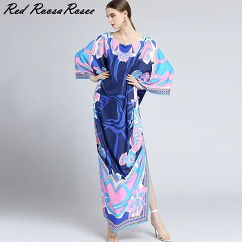 

Red RoosaRosee Designer Women New Autumn O Neck Batwing Sleeve Print Long Loose Dress