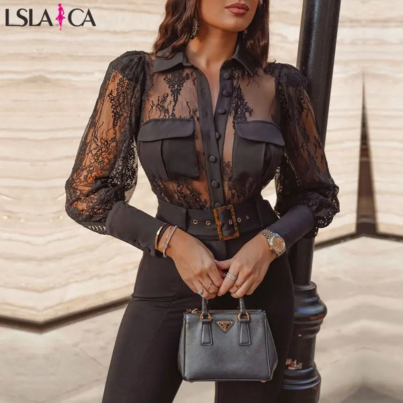 Sexy blouses women Mesh Lace Detail Button-Up Blouse long sleeve black see through slim elegant ladies tops winter