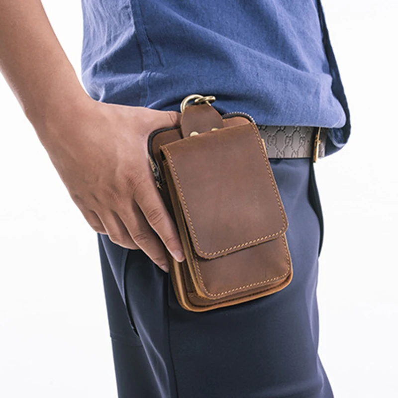 Men Genuine Leather Cell/Mobile Phone Waist Fanny Pack Cigarette Case Pouch Hook Male Crazy Horse Cowhide Hip Bum Belt Bags