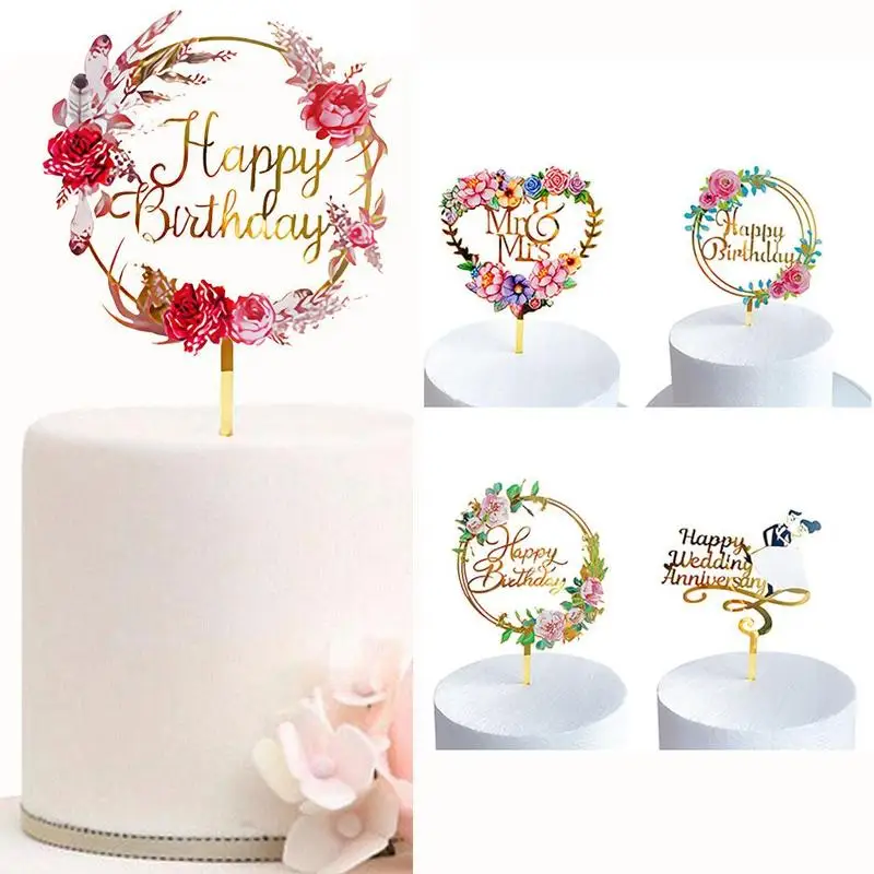 

New Colored flowers Happy Birthday Cake Topper Golden Acrylic Birthday party Dessert decoration for Baby shower Baking supplies
