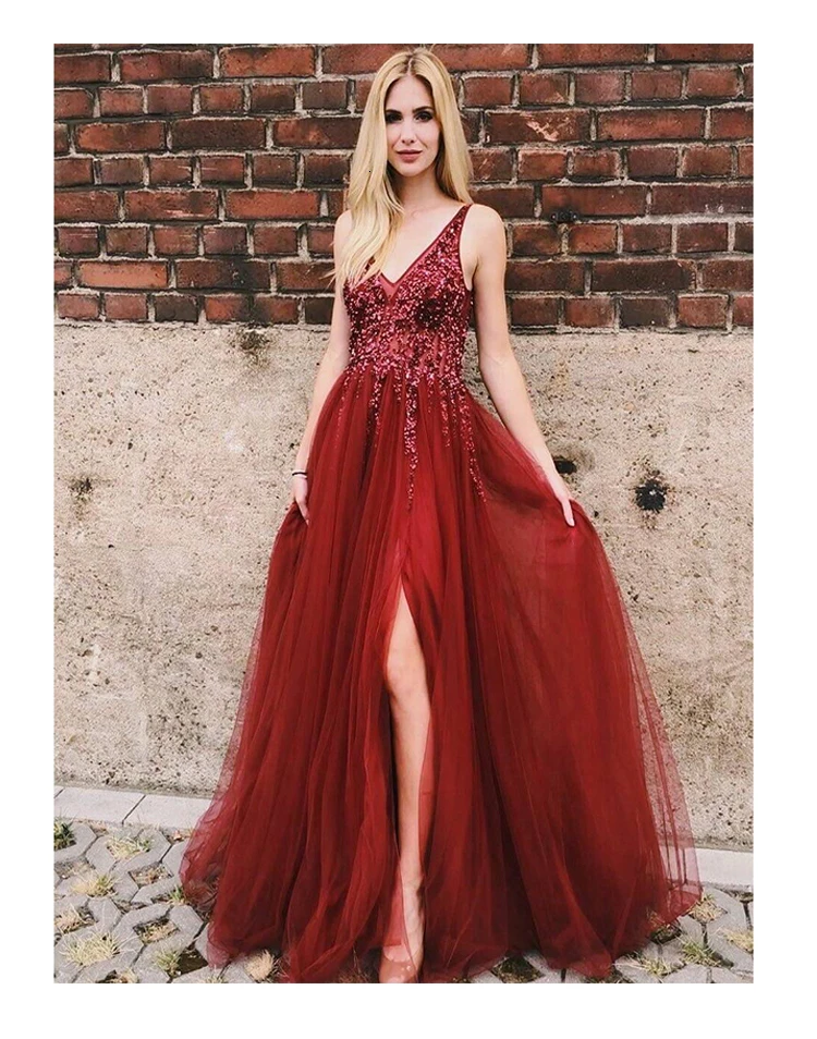 BacklakeGirls Sexy V Neck Tulle Beaded Sequined Evening Dress Sleeveless Backless Split Joint Abendkleider Lange Kristall