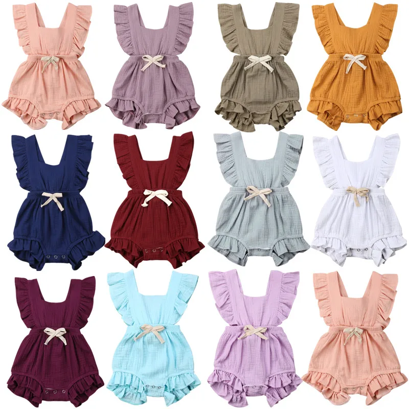 2020 Baby Summer Clothing Newborn Toddler Kids Ruffle Solid Bow Romper Backcross Linen Jumpsuit Bebe Outfits Clothes 6-24M