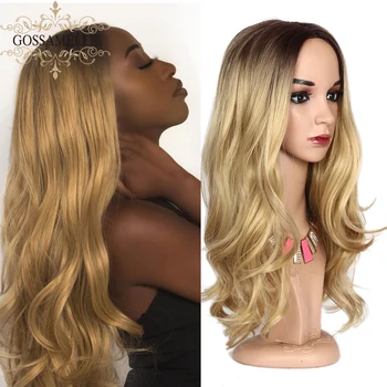 

Gossamelle 2 Tone Omber Blonde Wigs For Women Mix Brown Long Wavy Synthetic Wigs Middle Part High Temperature Hair