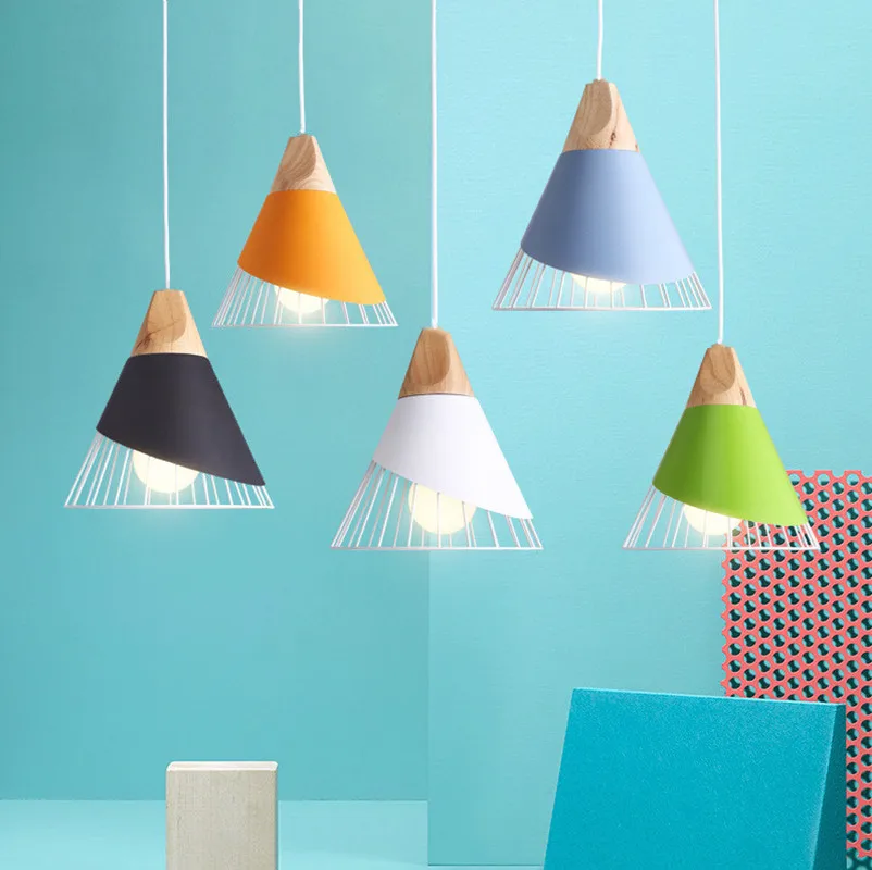 

Nordic hanging light Wooden Pendant Lamp For Home Lighting Modern Aluminum Colourful Lampshade LED Bulb Kitchen Island Light E27