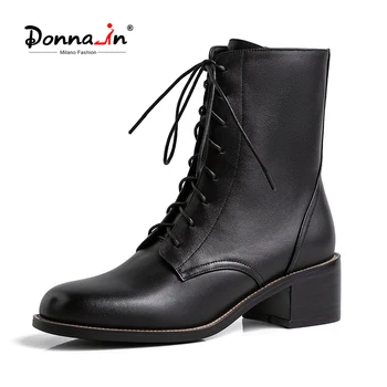 

Donna-in Heeled Ankle Boots Ladies Lace-up Female Black Boots Women Autumn Genuine Leather Designer Boots 2020 High Heels