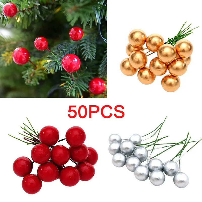 

50pcs/lot Red/gold/silver Berry Artificial Flowers Fruit Artificial Berries Pearl Branches for Scrapbooking DIY Home Decoration