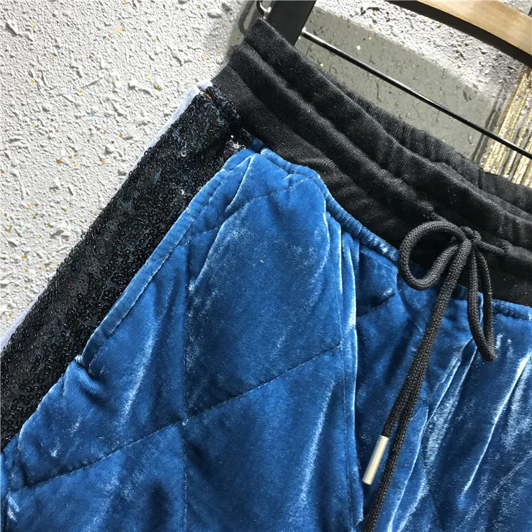 Новое поступление Осень Зима Новая мода эластичный пояс для женщин золото бархат толстый сшивание блесток джинсовые шаровары