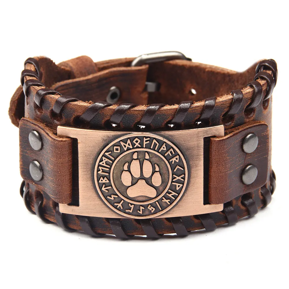 3 Color Vintage Bear Prints Charm Bracelets for Men Handmade Braid Leather Bracelets Fashion Punk Rock Style Jewelry - Окраска металла: Brown