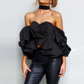 

2020 Summer Wrap Chest Blouse and Shirts with Ruffles Trim Ladies Sexy Black Red White Color Female Fashion Tops Blusas Clothing