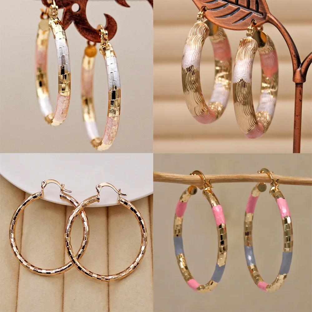 4PairsLotTrendyGoldPlatedCopperRoundHoopEarringsForWomen