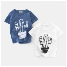 Футболка из чистого хлопка с короткими рукавами для мальчиков; Новинка года; Повседневная Универсальная футболка в Корейском стиле с рисунком кактуса и парусника